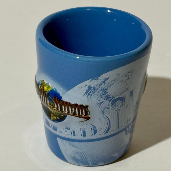🌎 NWOT Universal Studios Blue Ceramic Shot Glass Souvenir Mini Mug 3D Globe - Picture 2 of 3